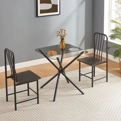 Dining Set For 2, Square Glass Tempered Dining Table With 4 Legs And 2 Metal Chair For Home Office Kitchen Dining Room, Black & Brown