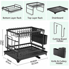 Dish Rack, 2 Tier Utensil Holder, Rustproof Dish Drying Rack With Drainboard And Utensil Holder For Kitchen Countertop, Kitchen Accessories Black