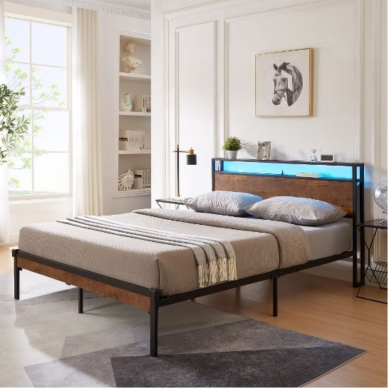 Full Size Metal Platform Bed Frame With Wooden Headboard And Footboard With USB LINER