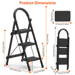 3-Step Folding Ladder, 330lbs Load Capacity, Lightweight 6.94lbs With 1.57in Folding Width, Heavy Duty Steel Construction, Non-Slip Pedals & Feet, Safety Lock, Multi-Use For Home Kitchen Living Room