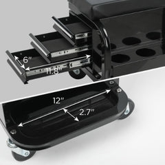Rolling Creeper Garage Shop Seat With Three Built-in Drawers, Rolling Tool Chest Black