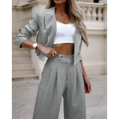 Women's Spring Fashion Striped Suits Casual Lapel Long Sleeve Cropped Top And Straight Pants Outfits Women's Clothing