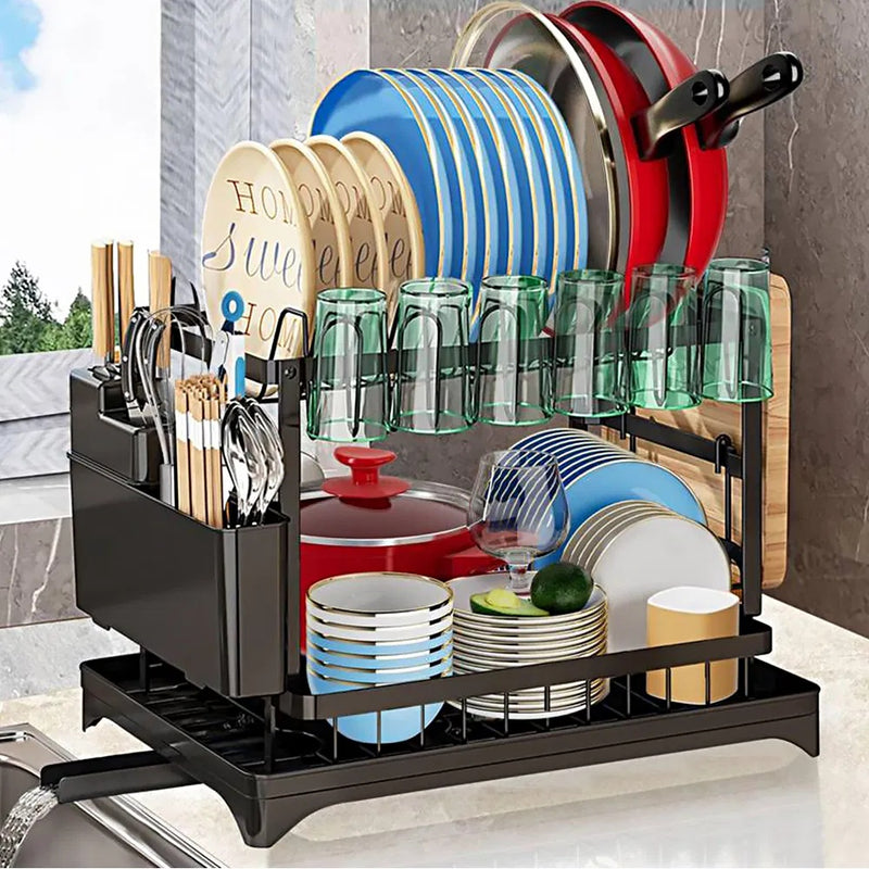 Dish Rack, 2 Tier Utensil Holder, Rustproof Dish Drying Rack With Drainboard And Utensil Holder For Kitchen Countertop, Kitchen Accessories Black