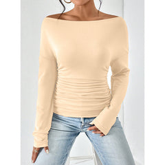 Women's Off The Shoulder Tops Long Sleeve T Shirts Going Out Tops Casual Trendy Ruched Slim Fitted Tees