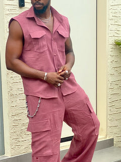 Sleeveless Button - Up Shirt And Cargo Pants Set