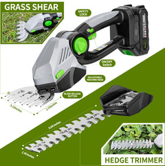 Cordless Hedge Trimmer, 2-in-1 Electric Handheld Grass Shears With 21V 2.0 Battery X2, Grass Trimmer, Mini Bush Trimmer Kit For Garden, Patio And Lawn