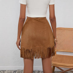 Western Denim Style Women's Retro Solid Color Suede Fringe Short Skirt