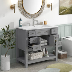 36   Bathroom Vanity With Top Sink, Modern Bathroom Storage Cabinet With 2 Soft Closing Doors And 6 Drawers, Single Sink Bathroom Vanity