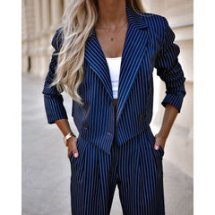 Women's Spring Fashion Striped Suits Casual Lapel Long Sleeve Cropped Top And Straight Pants Outfits Women's Clothing