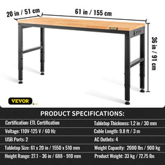 Workbench Adjustable Height,  2000 LBS Load Capacity, With Power Outlets & Hardwood Top & Metal Frame & Foot Pads, For Workshop Office Home