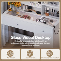 Vanity Desk With Mirror And 3 Lighting Modes, Makeup Vanity With Glass Top And Storage Shelves, Dressing Table With 2 Drawers And Cabinet