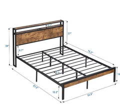 Full Size Metal Platform Bed Frame With Wooden Headboard And Footboard With USB LINER