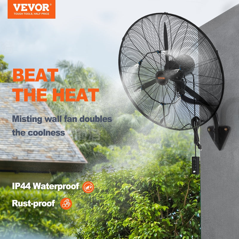 VEVOR Wall-Mount Misting Fan, 30 Inch, 3-speed High Velocity Max. 9500 CFM, Waterproof Oscillating Industrial Wall Fan, Commercial Or Residential For Warehouse, Greenhouse, Workshop, Black, ETL Listed