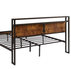 Full Size Metal Platform Bed Frame With Wooden Headboard And Footboard With USB LINER