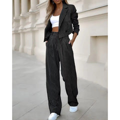 Women's Spring Fashion Striped Suits Casual Lapel Long Sleeve Cropped Top And Straight Pants Outfits Women's Clothing