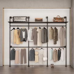 Industrial Pipe Clothing Rack, Reversible 118.3'' Clothes Rack For Hanging Clothes, Heavy Duty Garment Rack Closet Wardrobe Rack With LED Lights & Shelves, Walk-in Closet System, Black Three