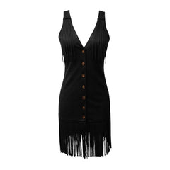 Women's Western Style Vest Dress - V-Neck Button Front Mini Dress With Fringe Detail Summer Wear
