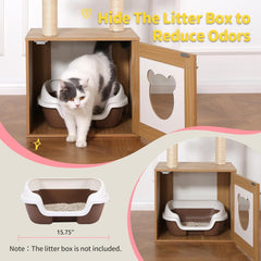 Solid Wood Cat Tree And Tower With Litter Box, Cat Scratching Board And Hammock For Indoor Large Cats