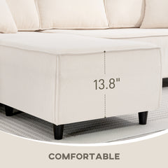 Corner Sofa With Reversible Chaise Lounge, Corduroy L-Shaped Sectional Sofa With Pocket Spring, Cream White