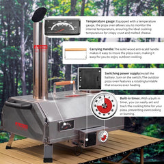 Stainless Steel Pizza Oven Outdoor 12 Automatic Rotatable Pizza Ovens,Portable Wood Fired Pizza Oven Pizza Maker With Timer, Built-in Thermometer,Pizza Cutter