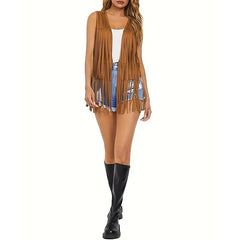 Women's Fringe Vest Sleeveless 70s Hippie Faux Suede Trim Western Cowgirl Tassel Jacket Cardigan