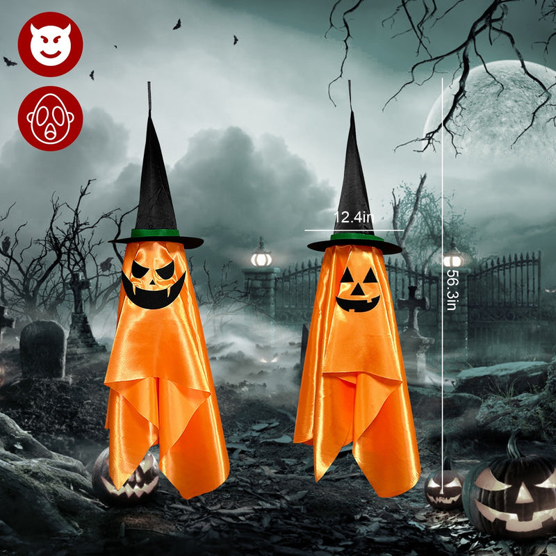 2Pcs Hanging Ghosts With Wizard Hat Snicker Scary Face Halloween Party Hanging Decorations Pumpkin Wizard Hat For Eave Tree Porch