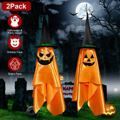 2Pcs Hanging Ghosts With Wizard Hat Snicker Scary Face Halloween Party Hanging Decorations Pumpkin Wizard Hat For Eave Tree Porch