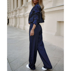 Women's Spring Fashion Striped Suits Casual Lapel Long Sleeve Cropped Top And Straight Pants Outfits Women's Clothing