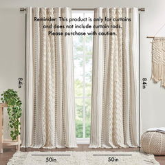 Cotton Printed Curtain Panel With Chenille Stripe And Lining Ivory 50x84