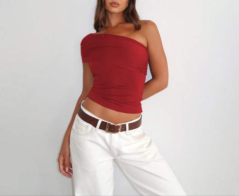 Cloud Sense Oblique Shoulder Fitted Waist Pleated T-shirt