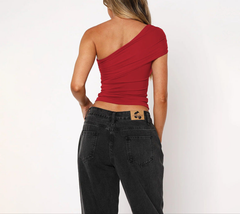 Cloud Sense Oblique Shoulder Fitted Waist Pleated T-shirt