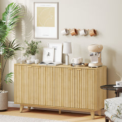 Fluted Sideboard Buffet Cabinet, 55 Coffee Bar Cabinet With 4 Doors, 2 Adjustable Shelves, 5 Wood Legs, Oak