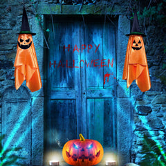 2Pcs Hanging Ghosts With Wizard Hat Snicker Scary Face Halloween Party Hanging Decorations Pumpkin Wizard Hat For Eave Tree Porch