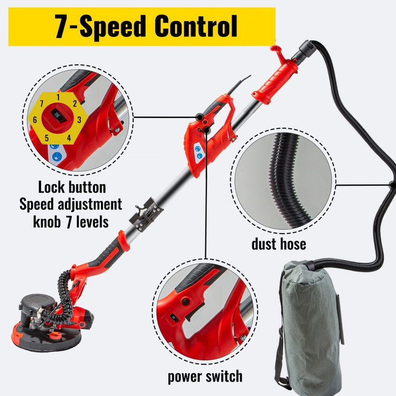 Drywall Sander 850W Electric, Electric Sander Variable Speed 800-1750RPM, Drywall Sander Foldable Sheetrock Sander, With Telescope Handle, Vacuum Bag Drywall Sanders 6 Sand Pads