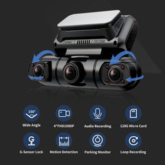 Hainatech 360 Degree View 4 Channel Dash Cam Front And Rear Inside Left Right, Dash Camera For Cars, Built-in GPS WiFi Night Vision, 24  7 Recording Parking Mode Monitor, Free 128G Card
