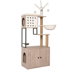Cat Tree With Litter Box Enclosure - Modern Cat Condo With Scratching Posts, Feeding Bowl  Removable Pompom Sticks, Gray