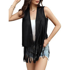 Women's Fringe Vest Sleeveless 70s Hippie Faux Suede Trim Western Cowgirl Tassel Jacket Cardigan