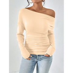 Women's Off The Shoulder Tops Long Sleeve T Shirts Going Out Tops Casual Trendy Ruched Slim Fitted Tees