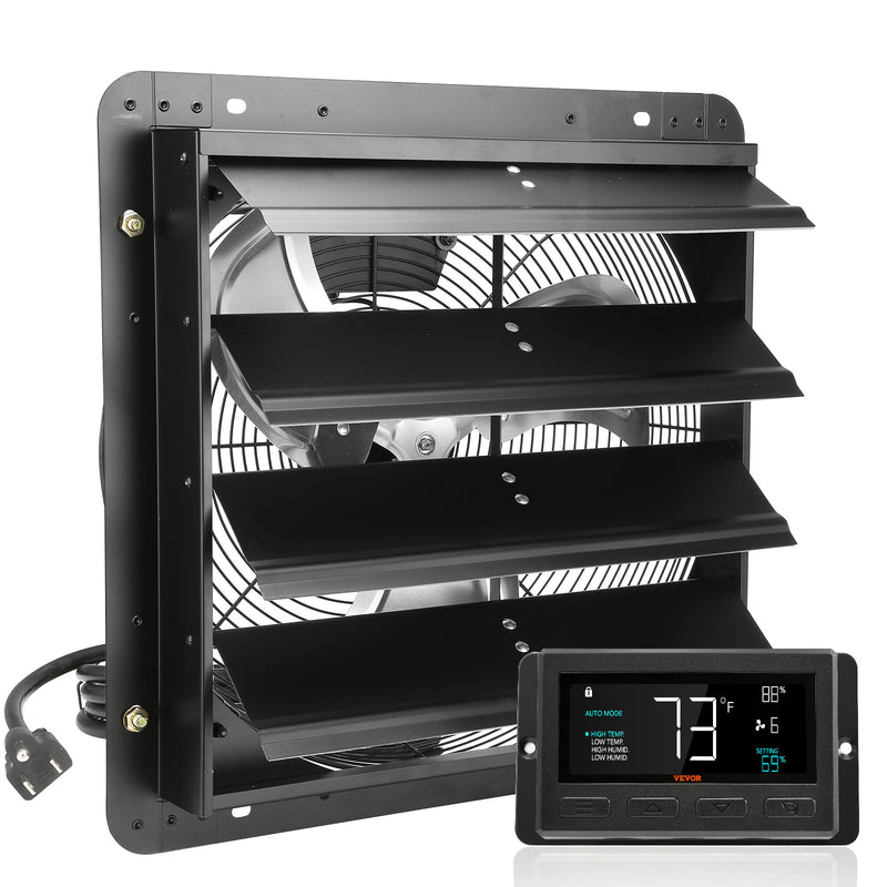 VEVOR Shutter Exhaust Fan, 16'' With Temperature Humidity Controller,  EC-motor, 2650 CFM, 10-Speed Adjustable Wall Mount Attic Fan, Ventilation And Cooling For Greenhouses, Garages, Sheds, ETL Listed