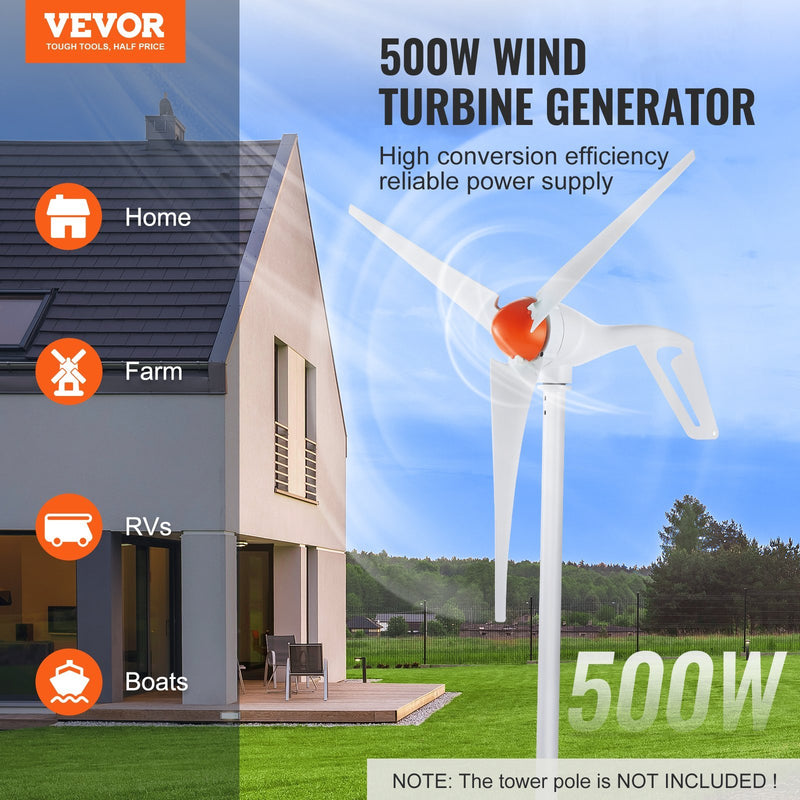 500W Wind Turbine Generator, 12V Wind Turbine Kit, 3-Blade Wind Power Generator With MPPT Controller, Adjustable Windward Direction Start Wind Speed, Suitable For Home, Farm, RVs, Boats