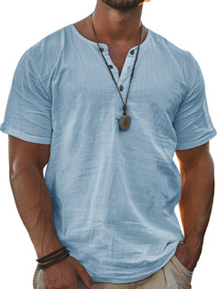 Men's Fashion Wear Men's Stand Collar Half Cardigan 4 Button Short Sleeve Shirt