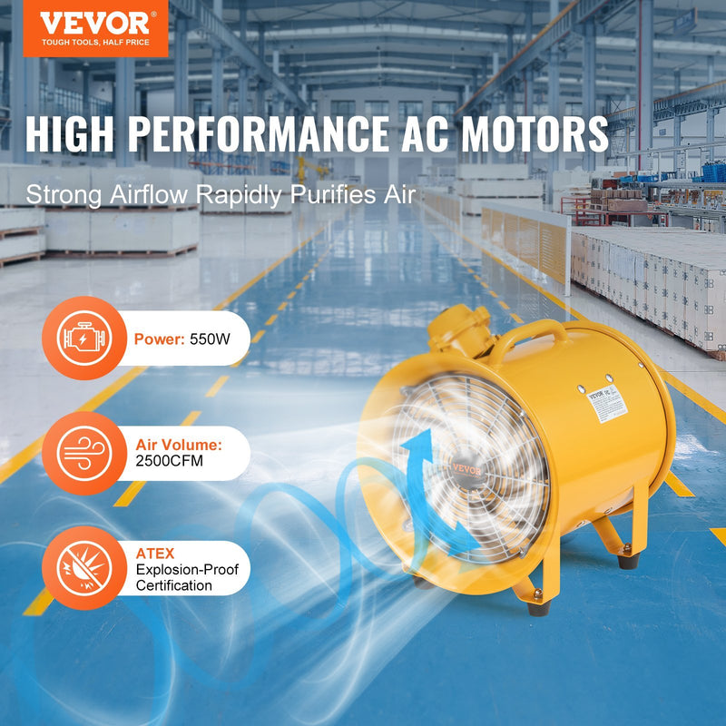 VEVOR Portable Ventilator, 12Heavy Duty Cylinder Fan, 550W Strong Shop Exhaust Fan 2500CFM, 9.8ft Power Cord No Charging Head  Industrial Utility Blower For Sucking Dust, Smoke Home Workplace