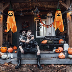 2Pcs Hanging Ghosts With Wizard Hat Snicker Scary Face Halloween Party Hanging Decorations Pumpkin Wizard Hat For Eave Tree Porch