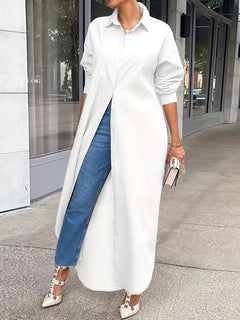 Women's Solid Button Design Longline Shirt, Casual Long Sleeve Outerwear For Daily Wear, Ladies Clothes For All Seasons, Top