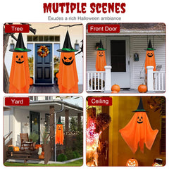 2Pcs Hanging Ghosts With Wizard Hat Snicker Scary Face Halloween Party Hanging Decorations Pumpkin Wizard Hat For Eave Tree Porch