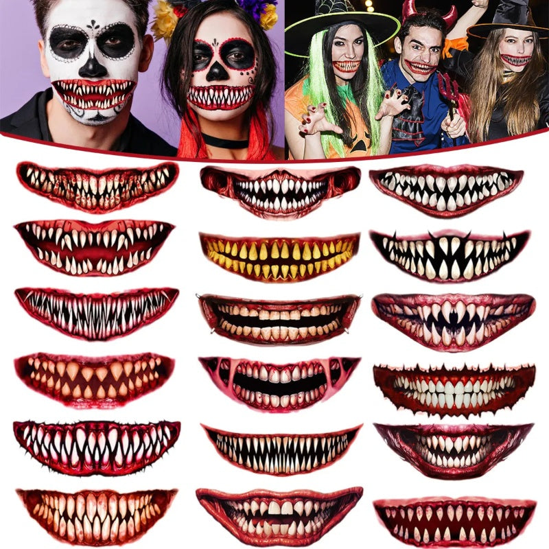 18 Sheets Halloween Temporary Tattoo Stickers 18 Styles Realistic Face Tattoo Face Stick Horror Prank Props Make Up Face Decals Cosplay Decor For Halloween Trick Or Treat Party Costumes Party