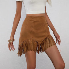 Western Denim Style Women's Retro Solid Color Suede Fringe Short Skirt
