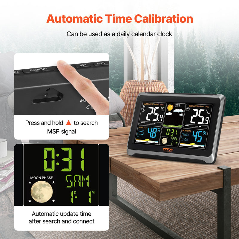 Weather Station Indoor Outdoor, 7.5 In Large Color Display, Wireless Digital Home Weather Station, With Sensor Atomic Clock Adjustable Backlight Forecast Data Calendar Alarm Alert Temperature