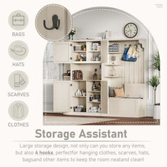 Multifunctional Left-right Combination Hall Cabinet  Can Be Used Separately  With Storage And 4 Hooks, Storage Cabinet Hall Tree 2 In 1 For Living Room, Kitchen And Hallway,antique Beige