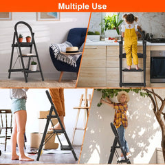 3-Step Folding Ladder, 330lbs Load Capacity, Lightweight 6.94lbs With 1.57in Folding Width, Heavy Duty Steel Construction, Non-Slip Pedals & Feet, Safety Lock, Multi-Use For Home Kitchen Living Room